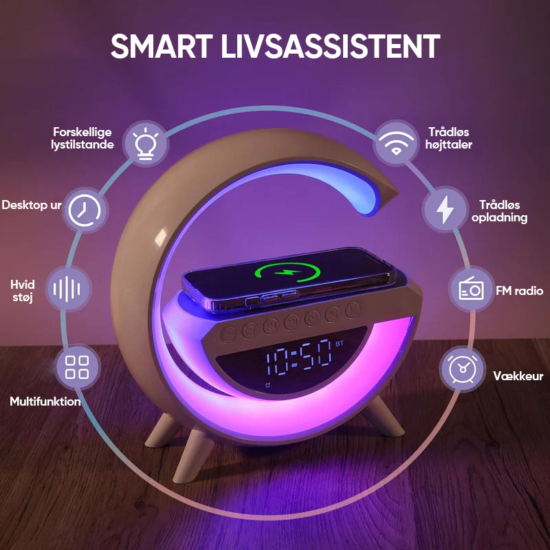 G-formet LED lampe og højtaler med trådløs opladning
