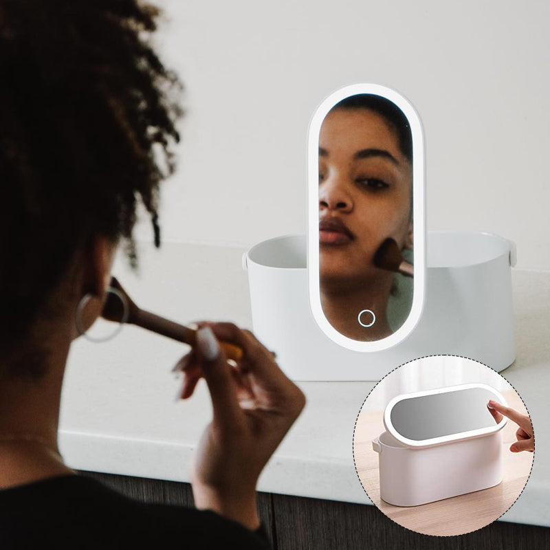 LED-belyst makeupspejl med opbevaring