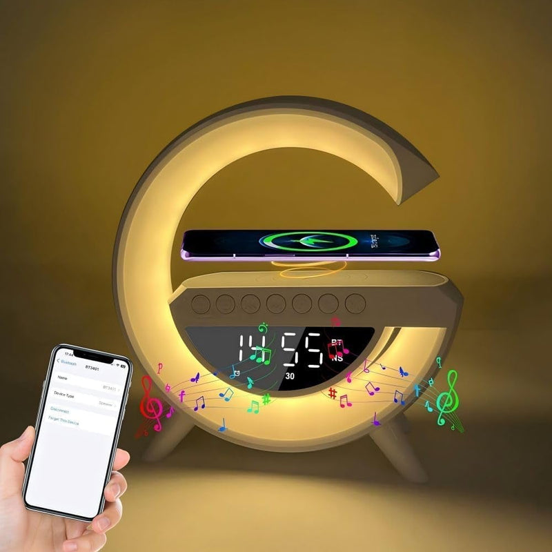 G-formet LED lampe og højtaler med trådløs opladning