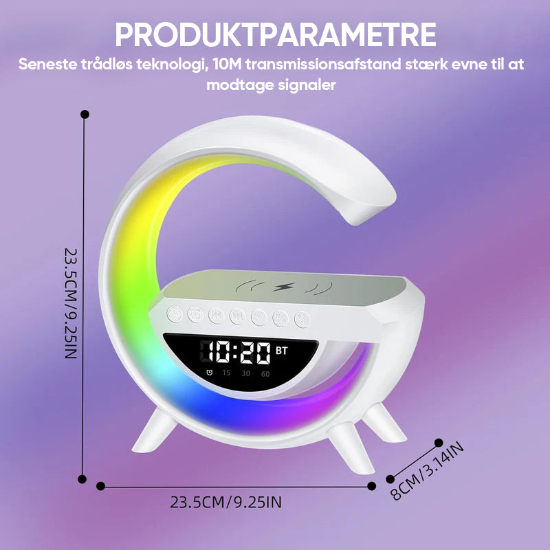 G-formet LED lampe og højtaler med trådløs opladning