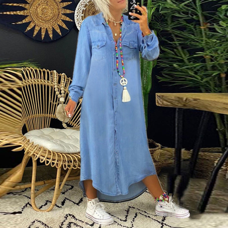 Ensfarvet langærmet casual denimkjole