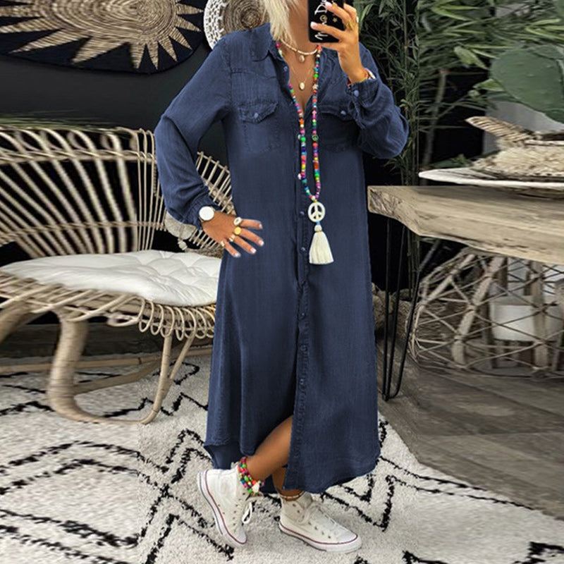 Ensfarvet langærmet casual denimkjole