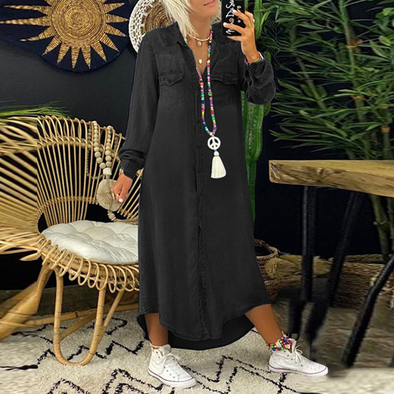 Ensfarvet langærmet casual denimkjole