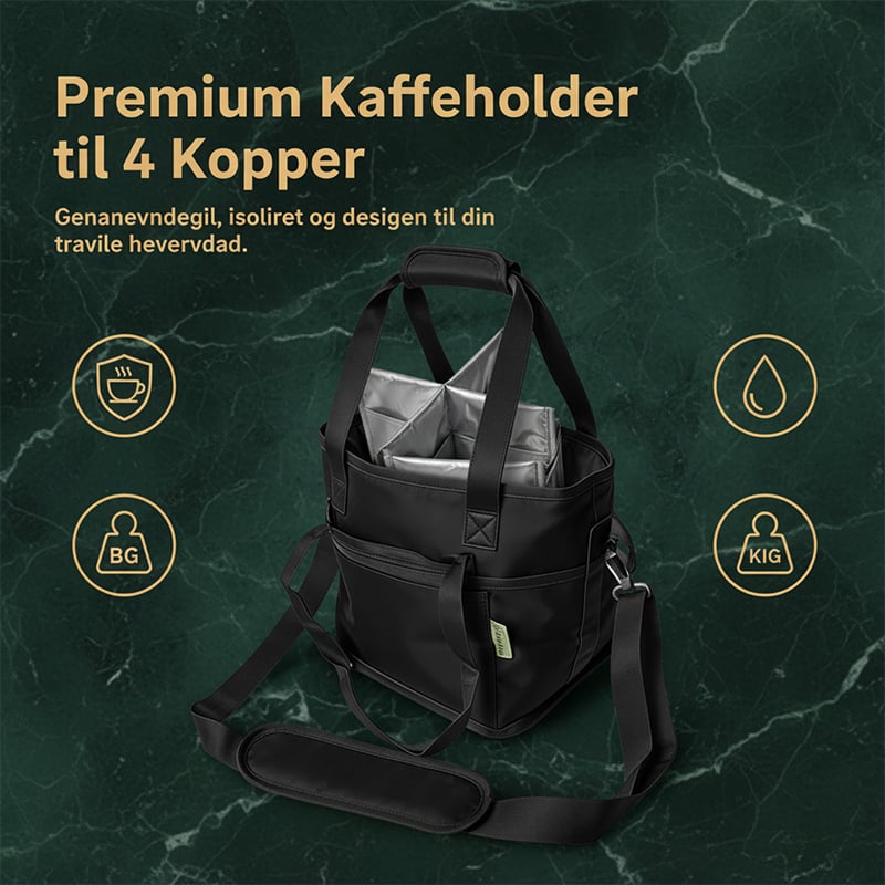 Familiestørrelse | Bæretaske med 4 rum til kaffekrus & drikkeflasker