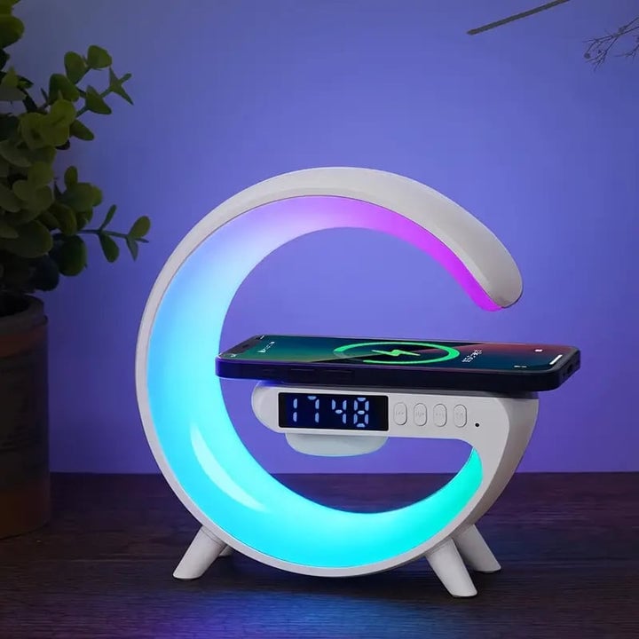 G-formet LED lampe og højtaler med trådløs opladning