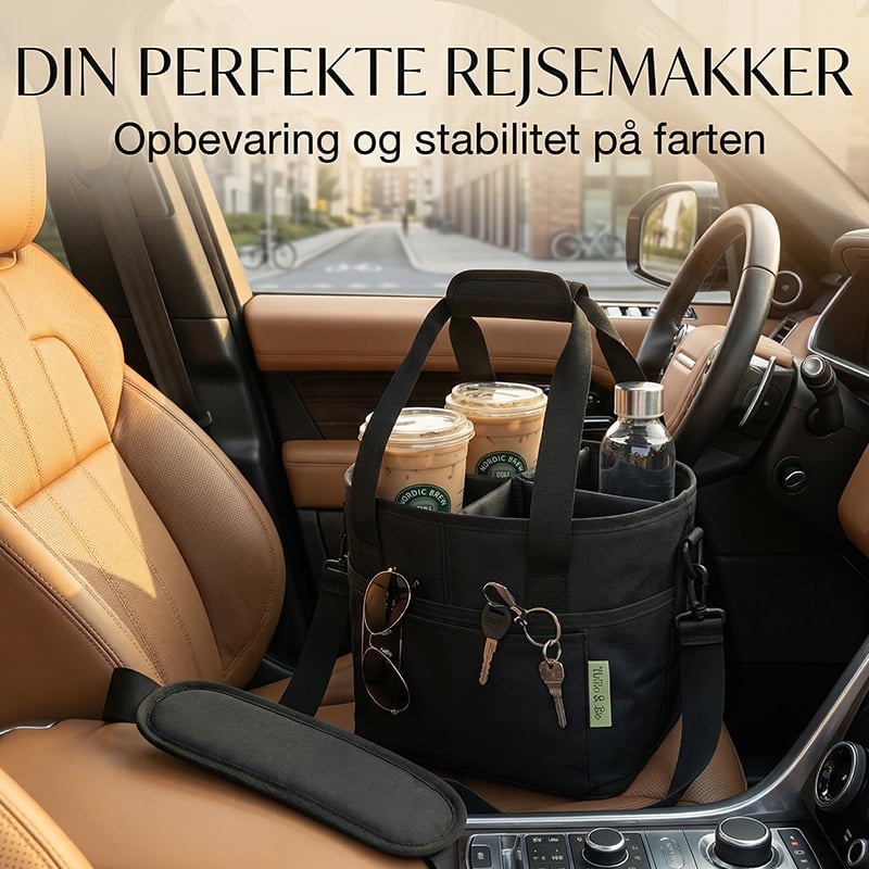 Familiestørrelse | Bæretaske med 4 rum til kaffekrus & drikkeflasker