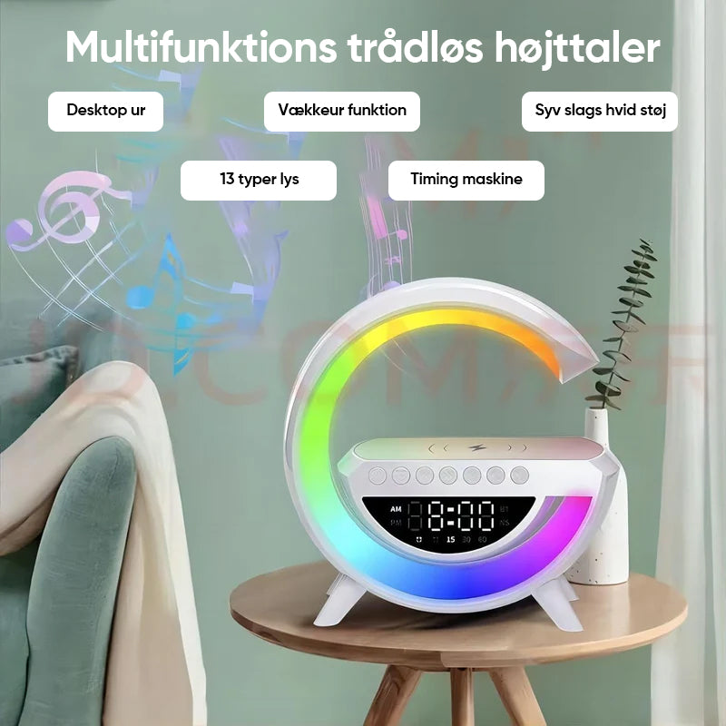 G-formet LED lampe og højtaler med trådløs opladning
