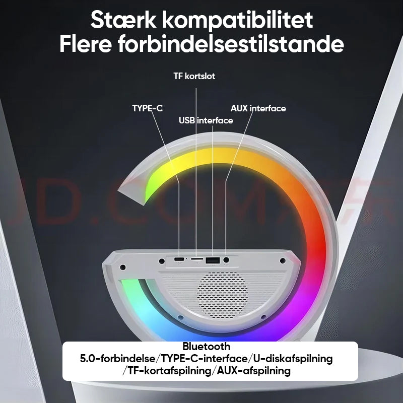 G-formet LED lampe og højtaler med trådløs opladning