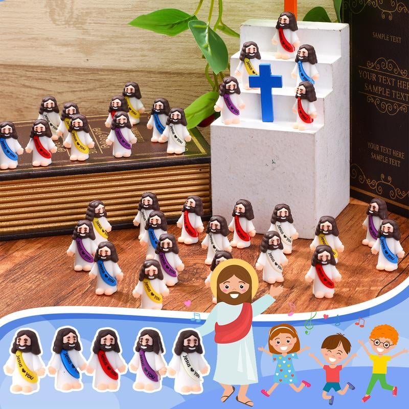 Mini Jesus-figurer med "Jesus Loves You"-slogan