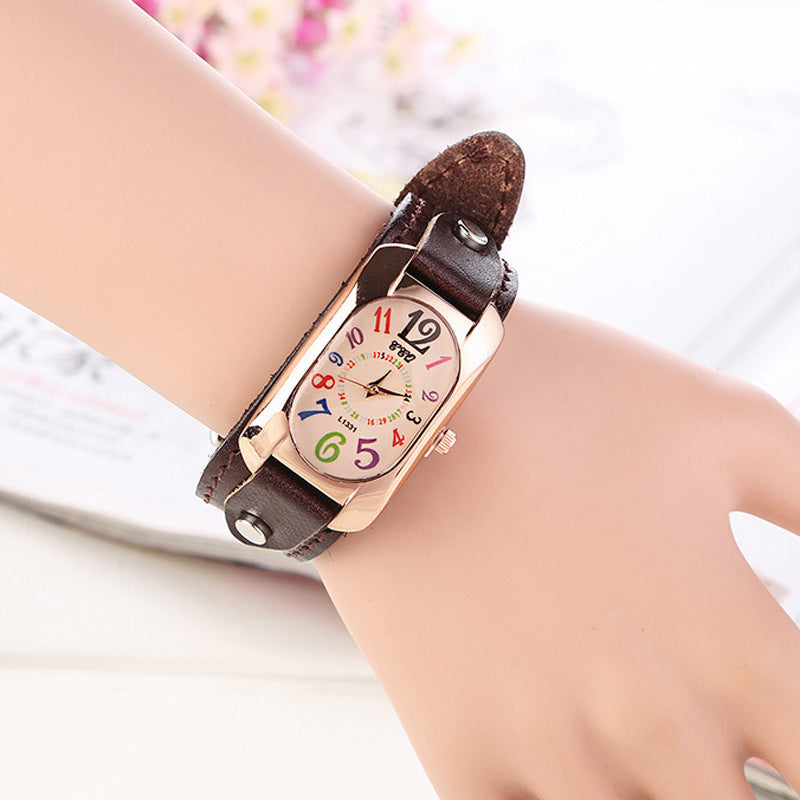 Kvartsstens vintage ur med læderrem (Dame)