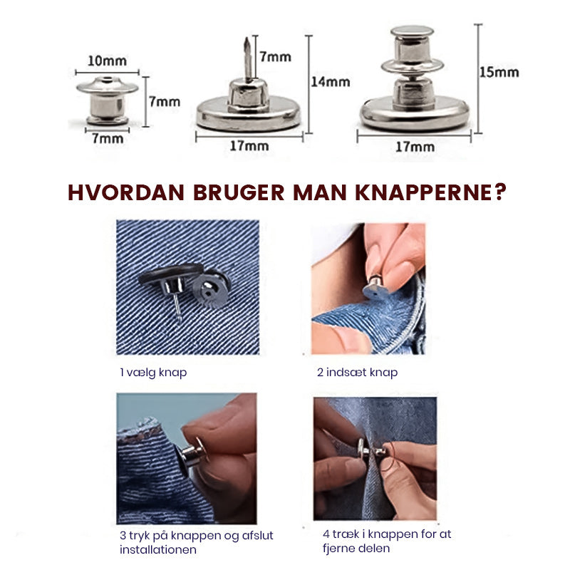 Justerbare knapper til Jeans med trådfri installation