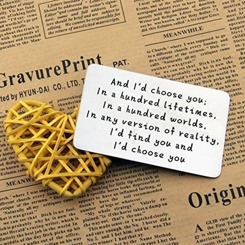 "And I'd choose you" graveret kort i metal til tegnebog