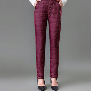 Højtaljede lette dunbukser