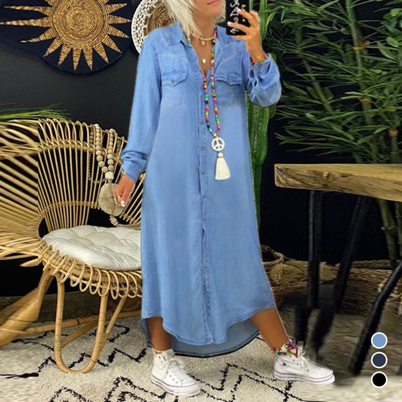 Ensfarvet langærmet casual denimkjole
