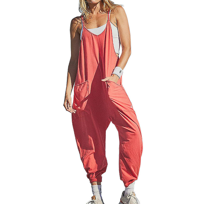 Ensfarvet Jumpsuit med V-hals og store lommer